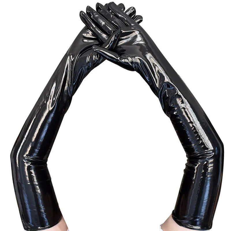 Guantes negros largos y brillantes para mujer.