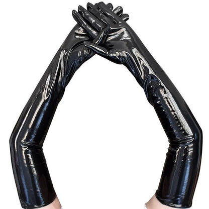 Guantes negros largos y brillantes para mujer.