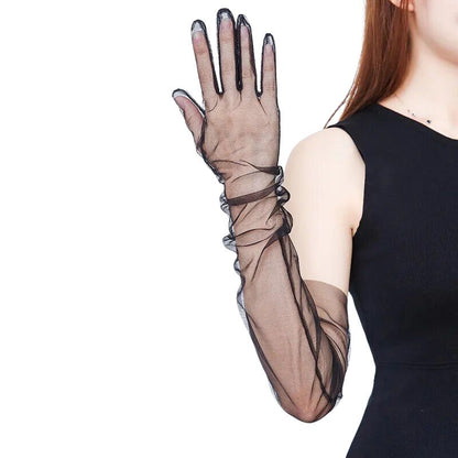 Guantes largos y sexys de mujer en malla transparente.