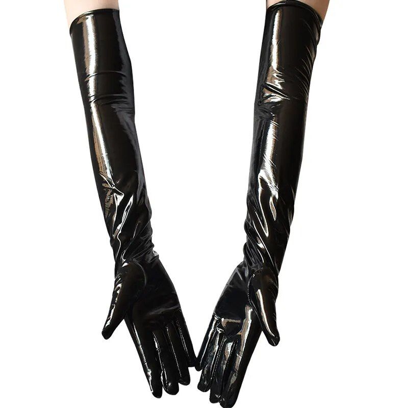 Guantes negros largos y brillantes para mujer.