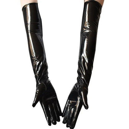 Guantes negros largos y brillantes para mujer.