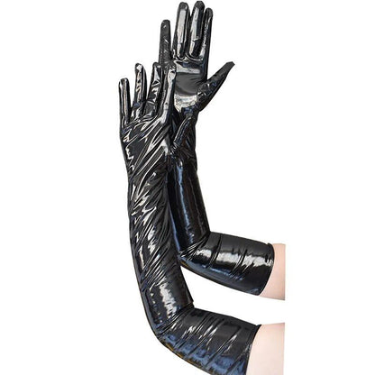 Guantes negros largos y brillantes para mujer.