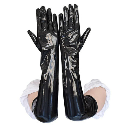 Guantes negros largos y brillantes para mujer.