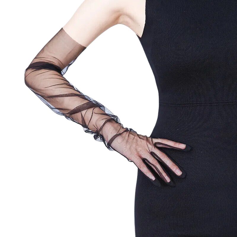 Guantes largos y sexys de mujer en malla transparente.