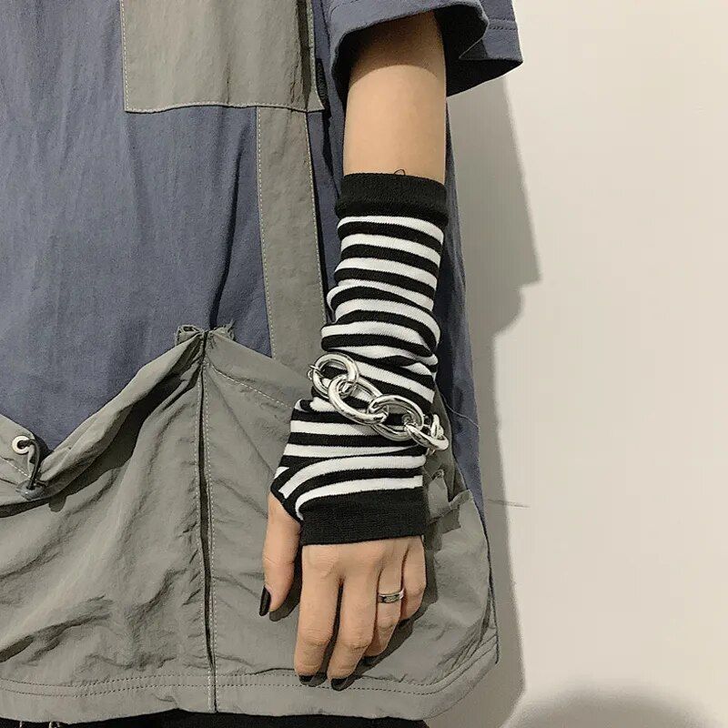 Guantes largos sin dedos para mujer con rayas