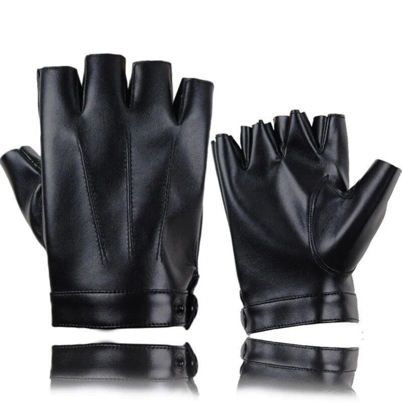 Guantes sin dedos de piel sintética negros para hombre