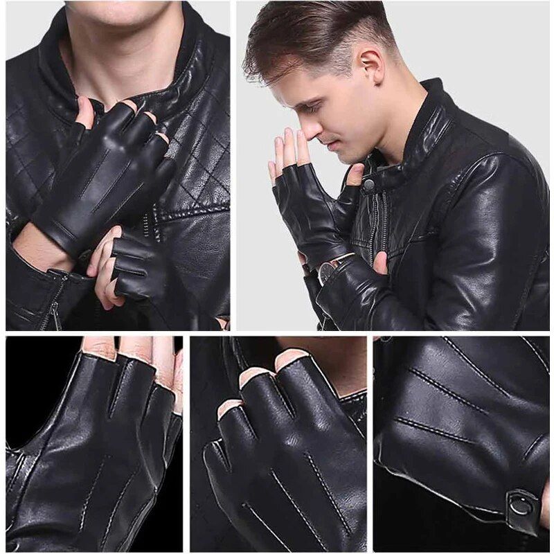 Guantes sin dedos de piel sintética negros para hombre
