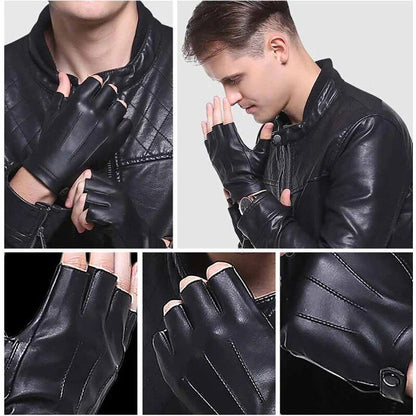 Guantes sin dedos de piel sintética negros para hombre