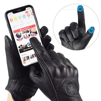 Gants moto vintage unisexe en cuir non perforé tactile