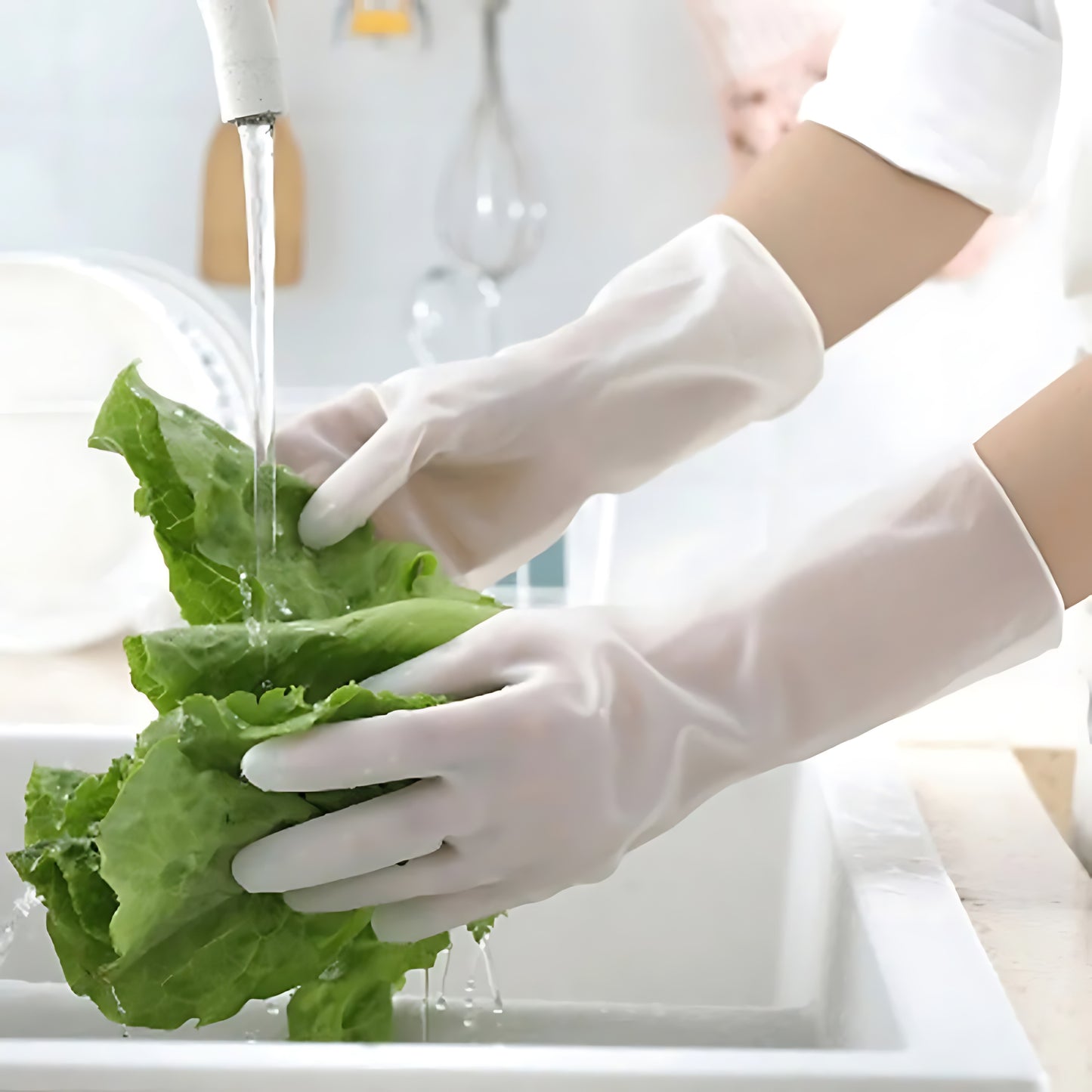 White latex rubber gloves for washing dishes