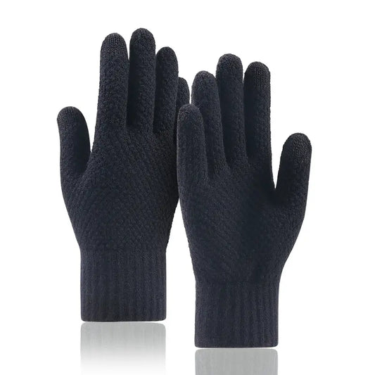 Gant tactile noir tricoté pour homme sur fond blanc.