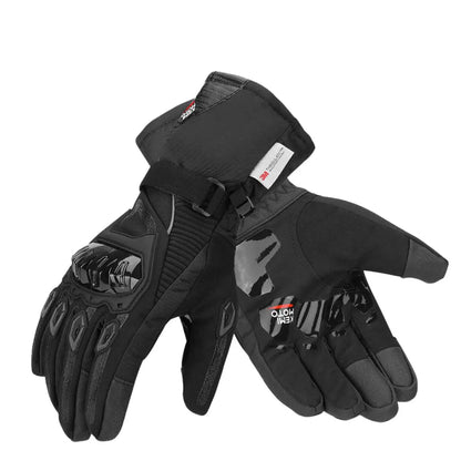Gant moto long hiver haute performance sur fond blanc.