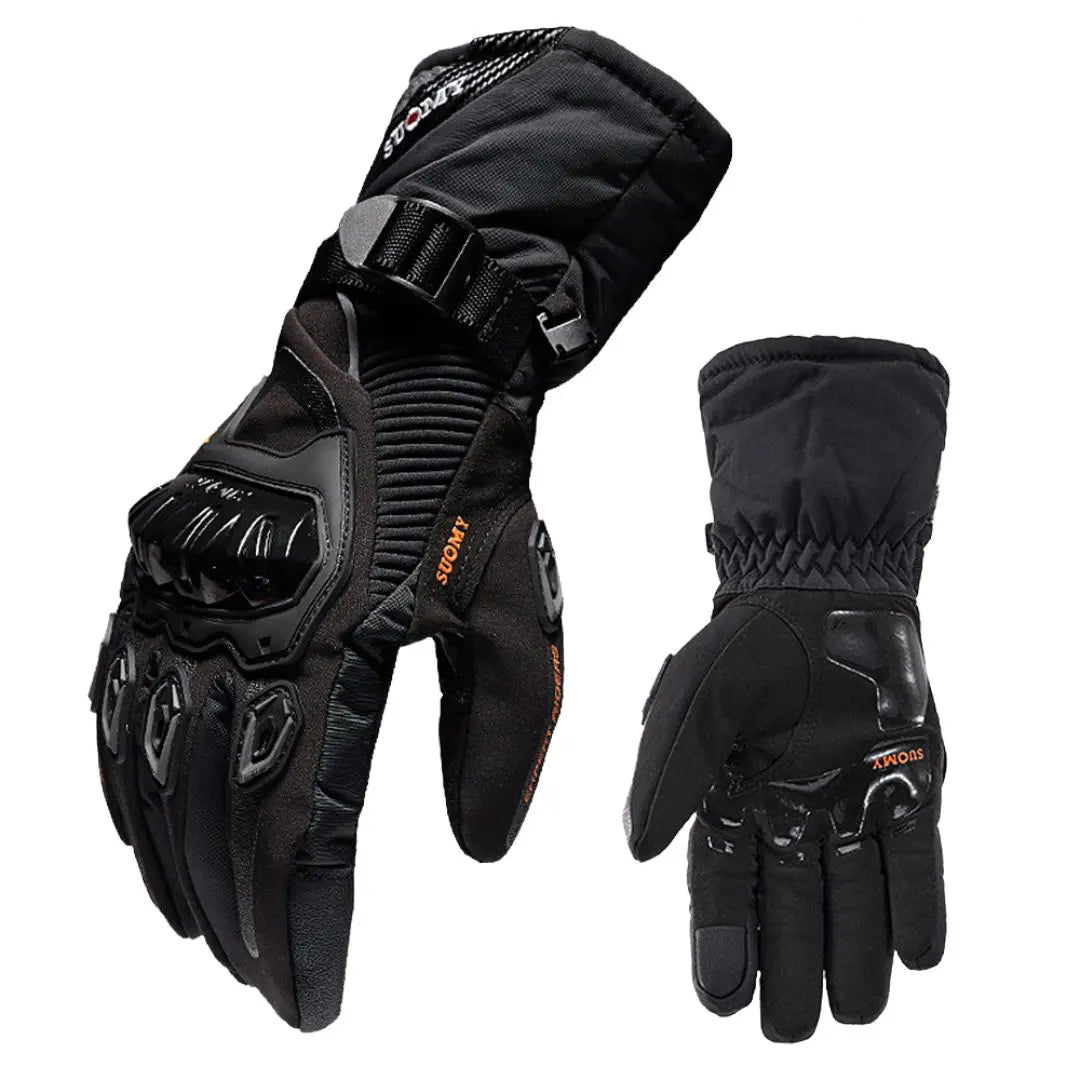 Gant moto long hiver haute protection avec coque de protection en plastique sur fond blanc.