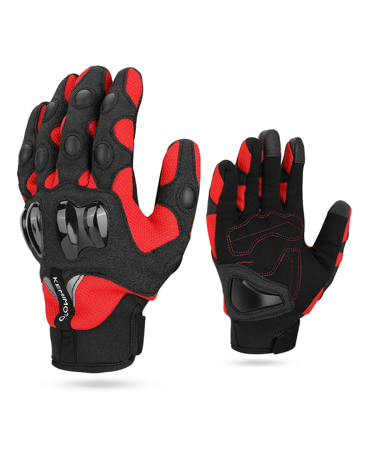 Gant moto été respirant et antidérapant rouge et noir sur fond blanc.