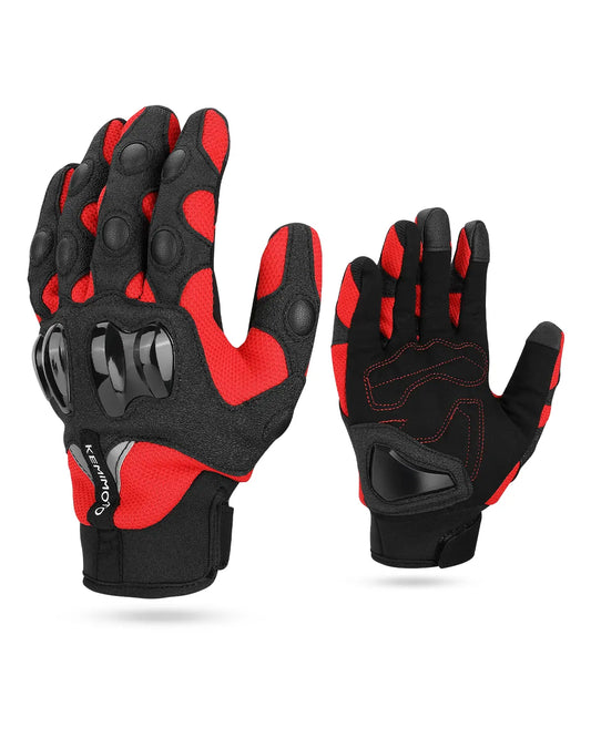 Gant moto été respirant et antidérapant rouge et noir sur fond blanc.