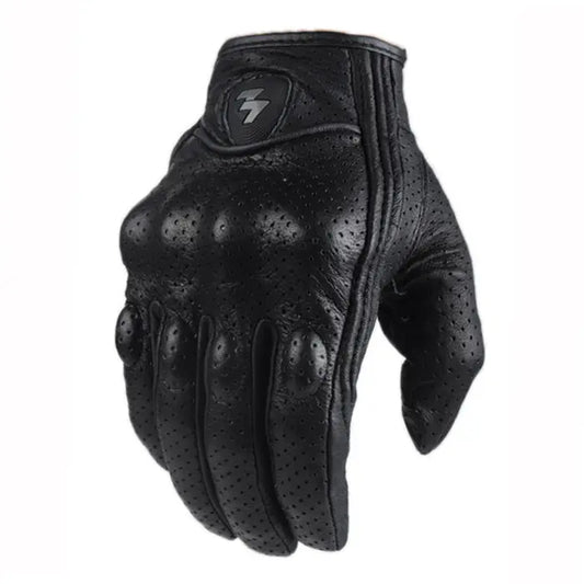 Gant moto cuir renforcé perforé noir avec un éclair sur fond blanc