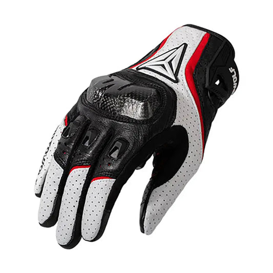Gant moto cuir respirant blanc rouge et noir sur fond blanc